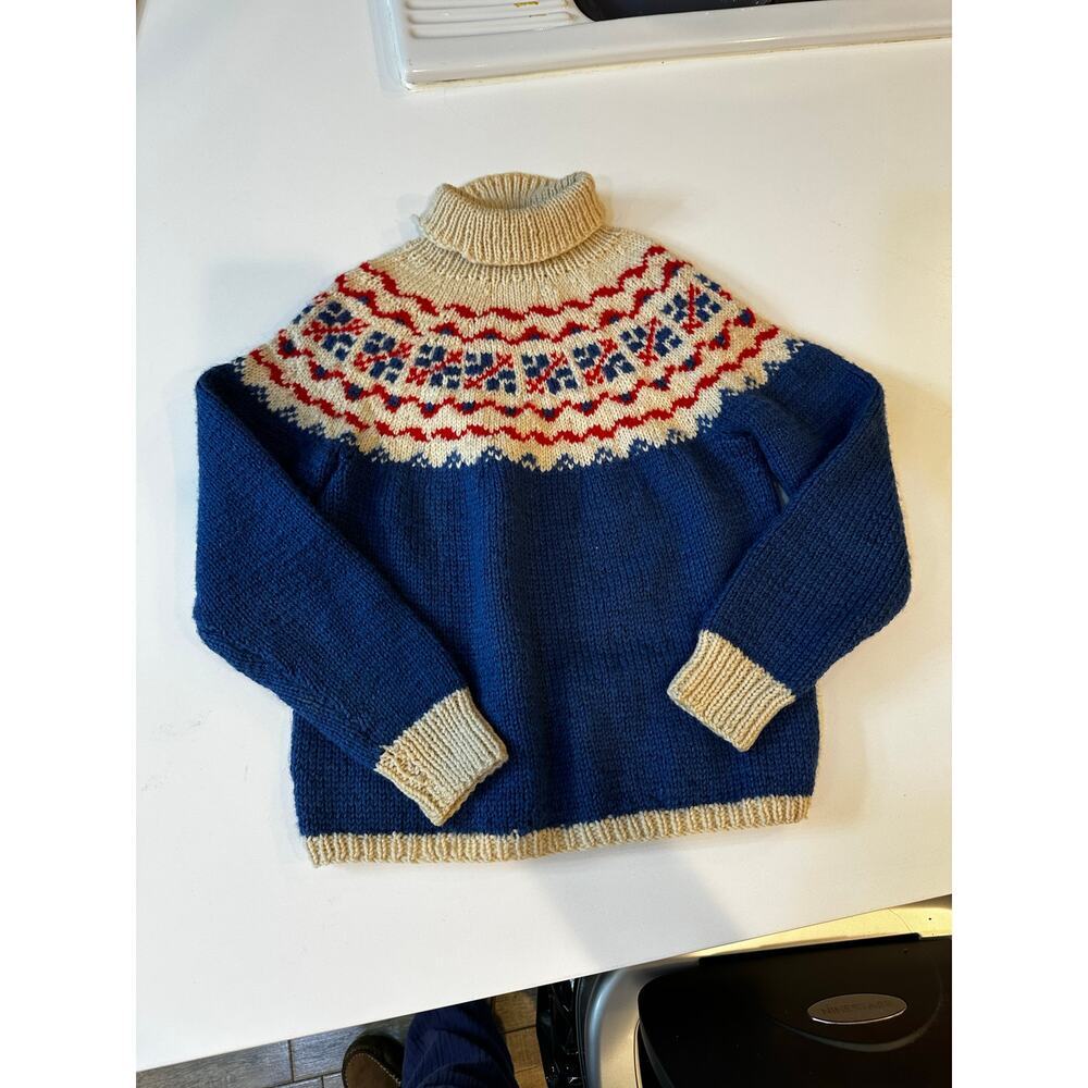 Vintage fair isle Nordic hand knit Kid's Blue White red Sweater Size l - Picture 4 of 7